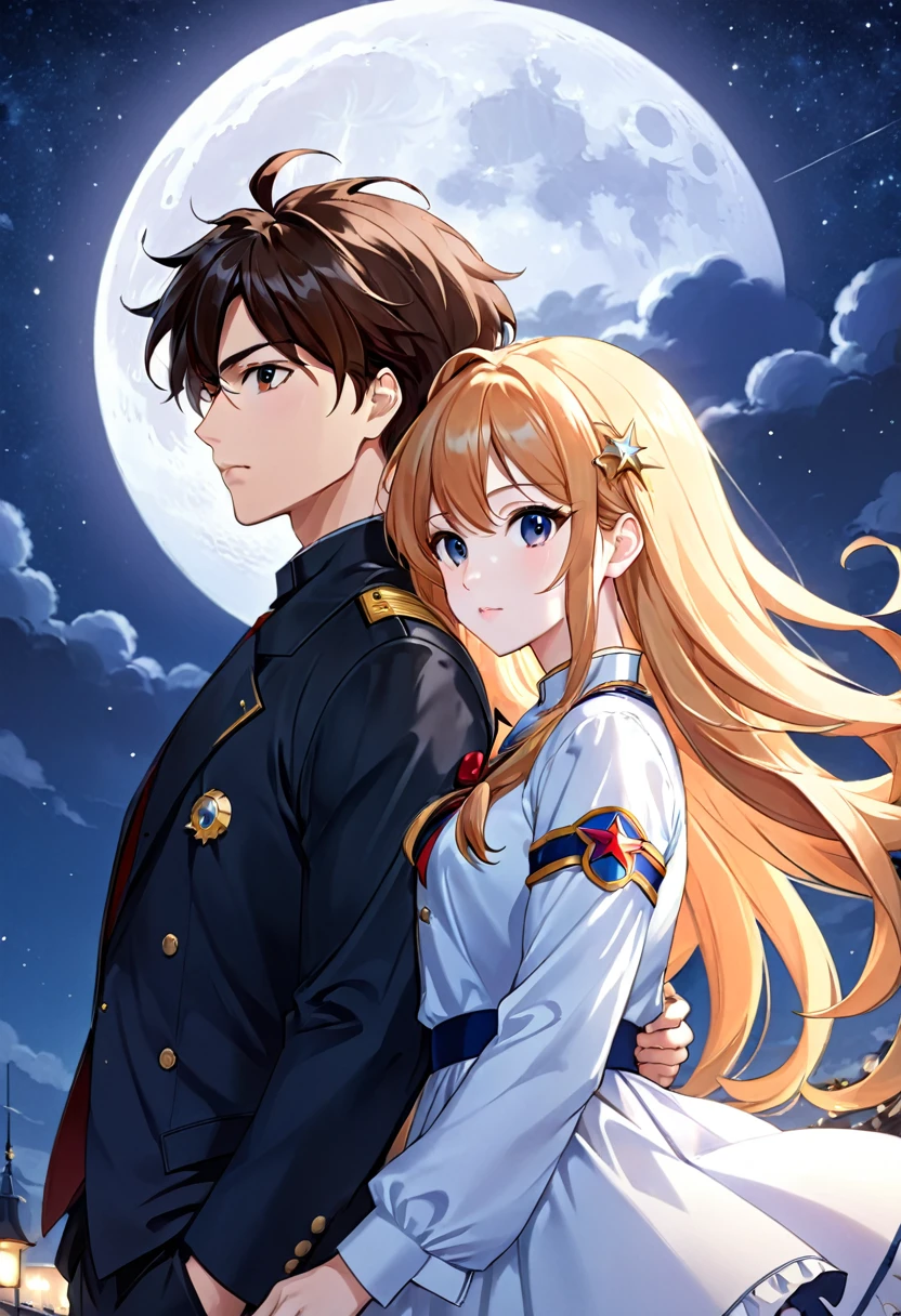 anime couple under the full moon and stars, 4k digital painting, anime portrait art, artgerm style, manga cover, moon behind them, clean detailed anime style, guys, digital anime illustration, clean detailed anime art, detailed manga style, illustration animation, anime style illustration, anime style 4k, detailed digital anime art((looking at viewer))