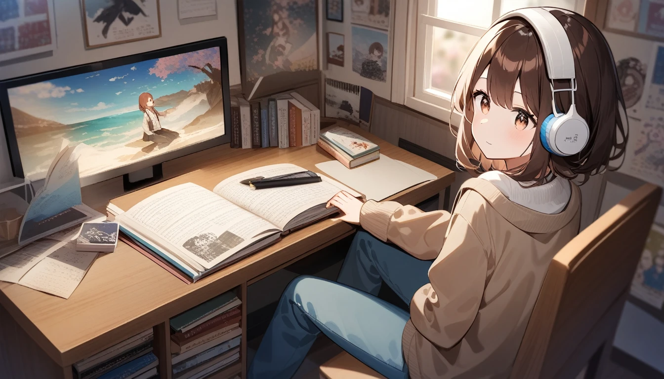 Personalidade: Sakura is an introverted and dreamy girl. She loves music and spends hours listening to her favorite bands while writing in her diary.. Even though I&#39;m shy, Sakura is very intelligent and creative, Always looking for ways to express your feelings through writing.
history: Sakura lives in a small, quiet town, where he spends most of his time in his room, surrounded by books and music. She dreams of becoming a famous writer one day, and that&#39;s why he&#39;s always writing and improving his skills.
visual: Sakura has long brown hair that falls in soft waves over her shoulders., highlighting your deep brown eyes. She is wearing a brown sweatshirt and blue pants, with white headphones on his head. Your room is cozy and decorated with posters of Japanese bands., poetry books and a collection of colored pens.
Sakura is a charming character, which shows that beauty lies in the details and simplicity of everyday life. She is an inspiration to all who know her, with his passion for art and writing.
