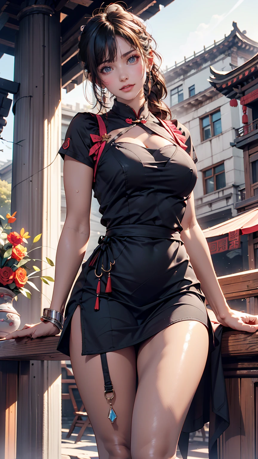 One girl,foot,a girl at building,(((building))), Braided bangs,Braided Ponytail,(alone:1.2),apron,Thick thighs,Side tie panties, Black Hair, ,View your viewers, sunlight,China dress、Deep thigh slit、Exposed thighs、Stiletto heels、Sexy、Sexy proportions、A seductive smile