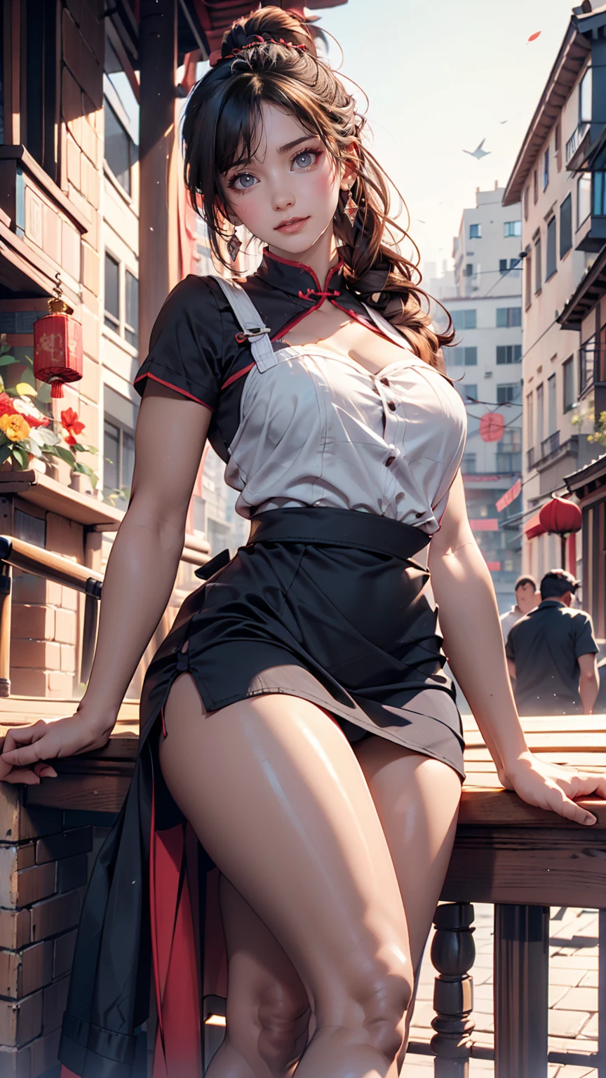 One girl,foot,a girl at building,(((building))), Braided bangs,Braided Ponytail,(alone:1.2),apron,Thick thighs,Side tie panties, Black Hair, 16 years old,View your viewers, sunlight,China dress、Deep thigh slit、Exposed thighs、Stiletto heels、Sexy、Sexy proportions、A seductive smile