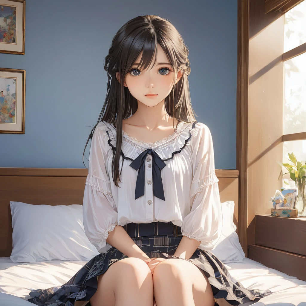 (masterpiece, Highest quality:1.2), One girl, alone,bony body、15 years old、Anime Style、(masterpiece, Highest quality:1.2), One girl, alone,bony body、15 years old、master piece , best quality , detailed , blouse , skirt , sitting , (from front) , bed room , indoor