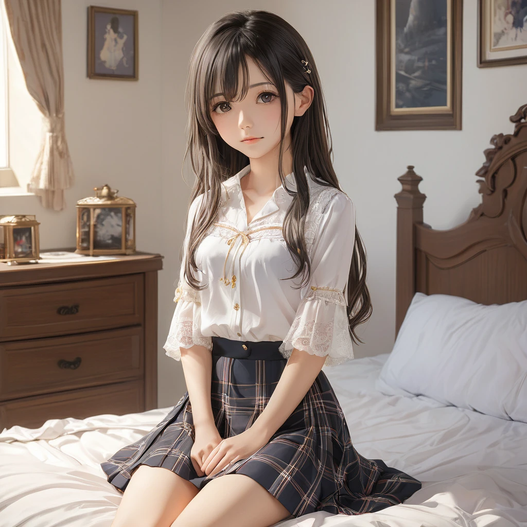 (masterpiece, Highest quality:1.2), One girl, alone,bony body、、Anime Style、(masterpiece, Highest quality:1.2), One girl, alone,bony body、15 years olde , best quality , detailed , blouse , skirt , sitting , (from front) , bed room , indoor