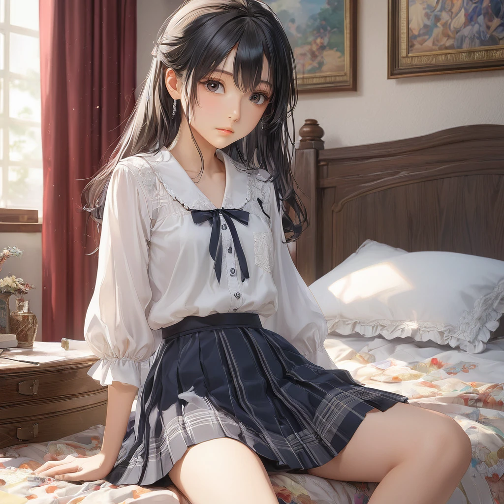 (masterpiece, Highest quality:1.2), One girl, alone,bony body、15 years old、Anime Style、(masterpiece, Highest quality:1.2), One girl, alone,bony body、15 years old、master piece , best quality , detailed , blouse , skirt , sitting , (from front) , bed room , indoor