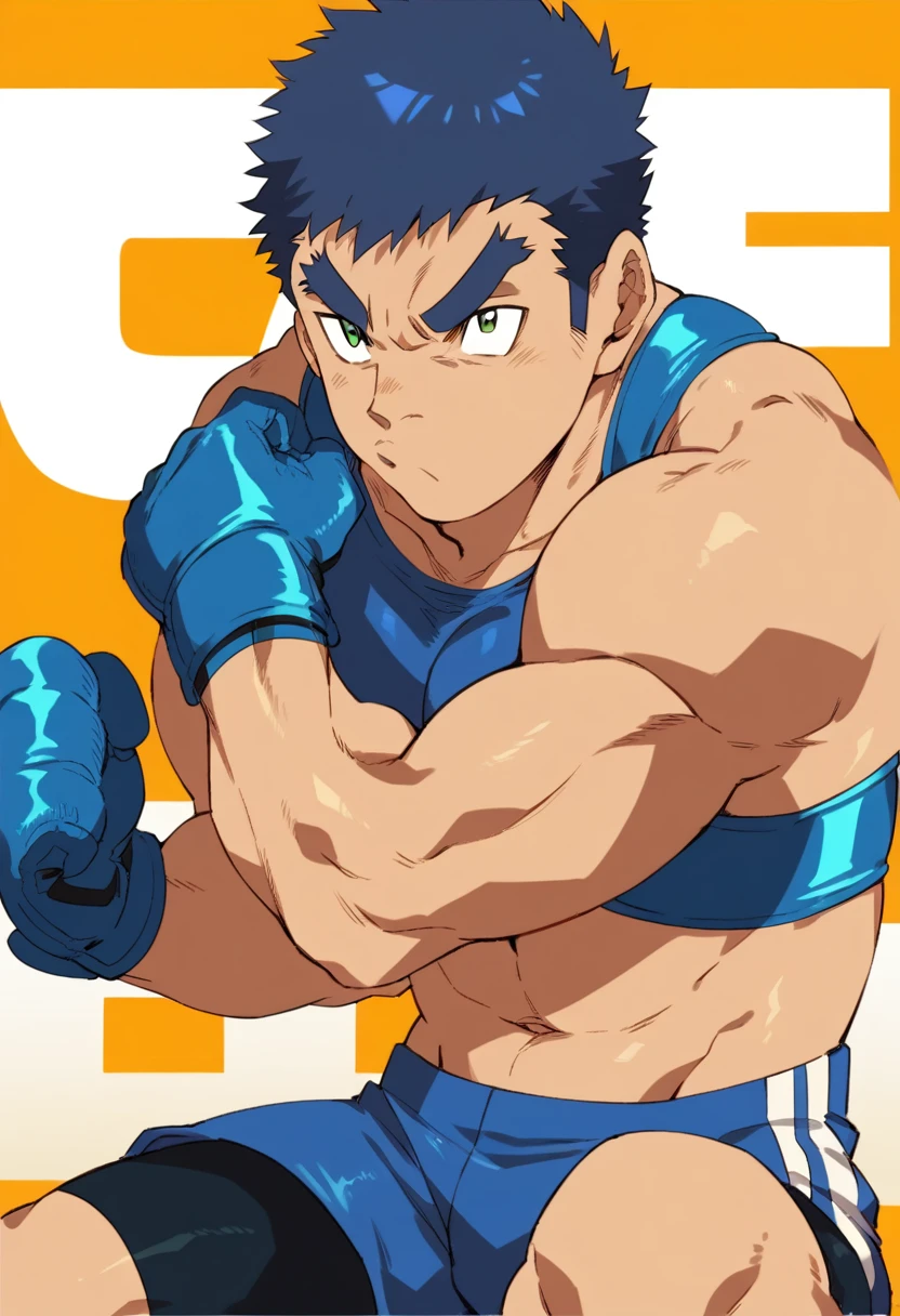 20 year old man, rough appearance, masculine, muscular, MMA fighter, short shaved tousled blue hair, green eyes, wide eyebrows, whole body, tight blue compression shorts, shirtless, MMA gloves, anime style.