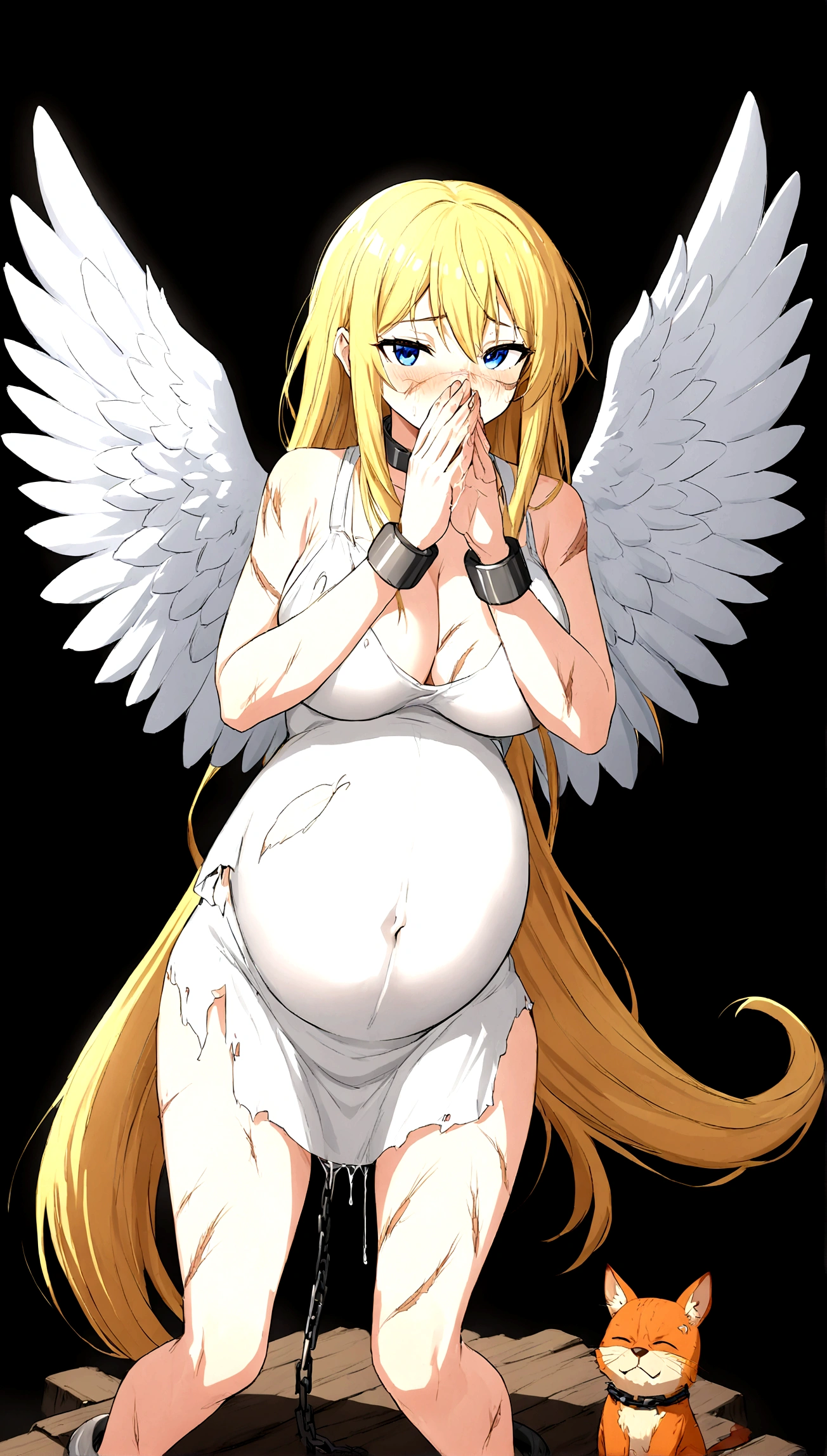Anime. 1 girl. Cute girl. Angel. Slave. Pregnant. Blonde. Long hair. Blue eyes. Beautiful eyes. Perfect eyes. Expressive eyes. Ideal face. A face about to sneeze. Sneezing face. Beautiful nose. Snotty nose. After sneezing, long snot hangs from the nose. 16 years. Big breasts. Beautiful breasts. Cold. Allergy. Runny nose. Nasal mucus. Snot. Sneezes. Covers his nose with his hands. Splashes of snot fly to the sides. Snot flows from the nose. Period. The crotch is bleeding. Diarrhea. She shit herself a little. Diarrhea running down thighs. Ideal anatomical body. The whole body is covered in scars and burns. Angel wings. White wings. Dirty slave tunic. A torn slave tunic. No panty panties. Barefoot. Slave collar. Shackles. Shackled in chains. Standing. Full height. Slave rush. Beautiful character design. Shiny skin. Whole body. NFS. Official art. Extremely detailed CG Unity 8k wallpaper. Ideal lighting. Ultra high resolution 4K. Super detailed 8K. A high resolution.