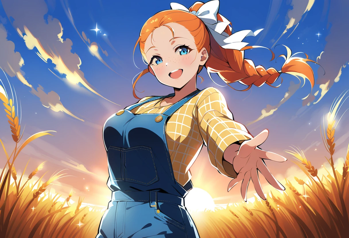 pewarnaan character, visual illustration, @ANN, ann \(harvest moon\), ran \(bokujou monogatari\), aged up, 1girl, ponytail, braid, braided ponytail, single braid, forehead, solo, (overalls), outdoors, sky, wheat, field, (blue overalls), smile, blue eyes, wheat field, looking at viewer, breasts, long sleeves, yellow shirt, orange hair, blonde hair, cowboy shot, collarbone, collared shirt, cleavage, denim, upper teeth only, medium breasts, standing, teeth, oversized clothes, long hair, partially unbuttoned, pants, oversized shirt, buttons, head tilt, flat chest, hair bow, white bow, tomboy, round teeth, plaid shirt, denim overalls, mature female, tall, tall female, slim body, freckles, twilight, cloudy sky, scenery, reaching, grass, floating braid, sunset, cloud, scenery, jeans, bow, hair ribbon, sparkle, sunbeam, light rays, highres, 4k, 8k