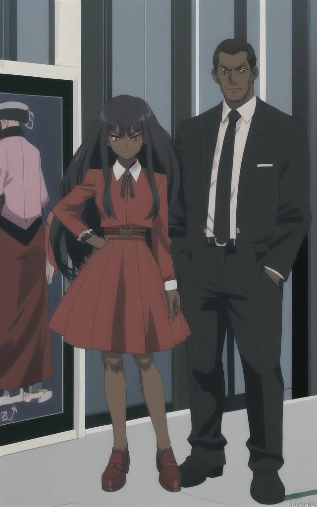 90s anime Evil black skinned business woman in a red skirt suit full body   