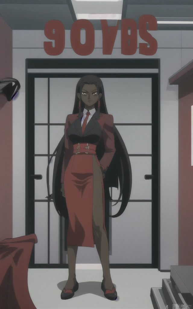 90s anime Evil black skinned business woman in a red skirt suit full body