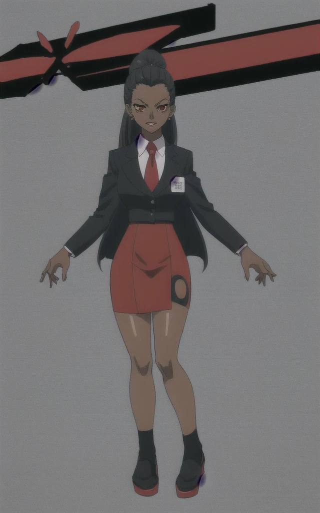 90s anime Evil black skinned business woman in a red skirt suit full body
