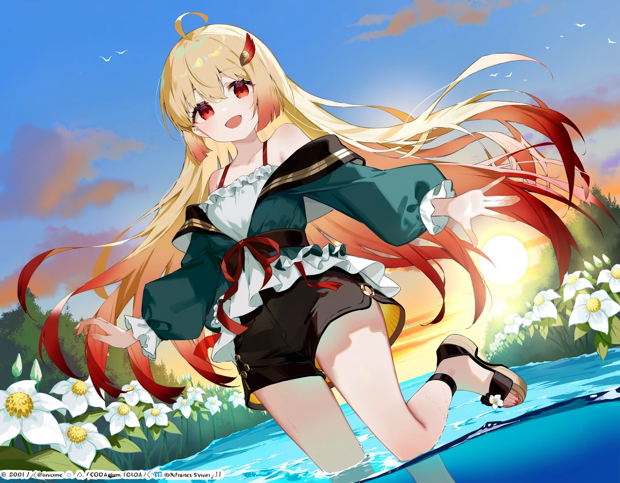 1girl, (azumi kazuki:1.1), ciloranko:1.1, (omone_hokoma_agm:1.1), ((absurdres, official art, masterpiece)), best aesthetic, best quality, ultra detailed, intricate details, new, newest, glossy hair, moist skin, 18 years old, depth perception, solo, subject focus:1.1, depth perception, empty eyes, red eyes, solo, outdoors, long hair, shorts, water, ahoge, looking at viewer, long sleeves, sunset, standing, bare shoulders, hair ornament, black shorts, sandals, smile, wading, open mouth, sky, standing on one leg, shirt, flower, sun, hair between eyes, short shorts, blonde hair, very long hair, :d, dress, white flower, outstretched arm, cloud, off shoulder, black footwear, painterly, oil painting style
