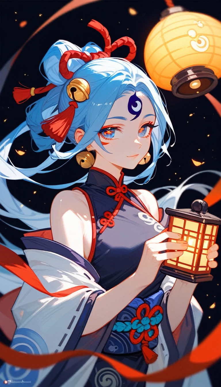 (Fraction_9,Fraction_8_Direction_7_up),（1 woman），Onmyoji，Blue-red-white color scheme，Bell，ribbon，Yin and Yang Eyes，Chinese Clothing，Jade Rabbit，Lantern in hand，