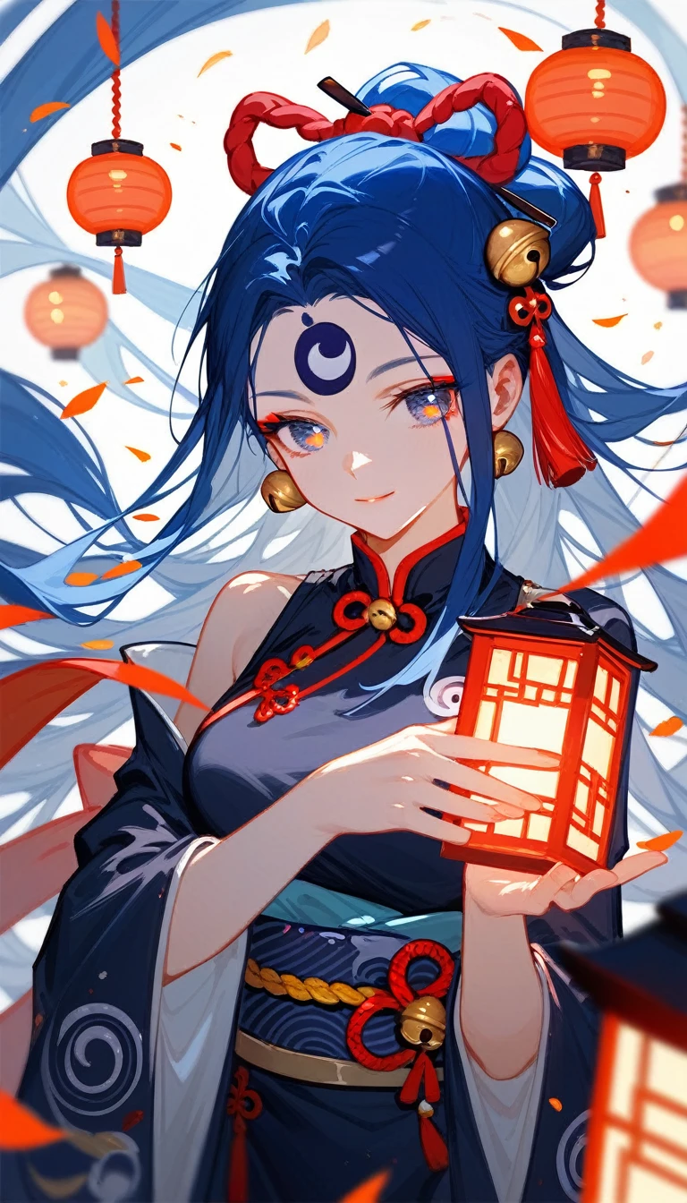 (Fraction_9,Fraction_8_Direction_7_up),(1 woman),Onmyoji,Blue-red-white color scheme,Bell,ribbon,Yin and Yang Eyes,Chinese Clothing,Jade Rabbit,Lantern in hand,
