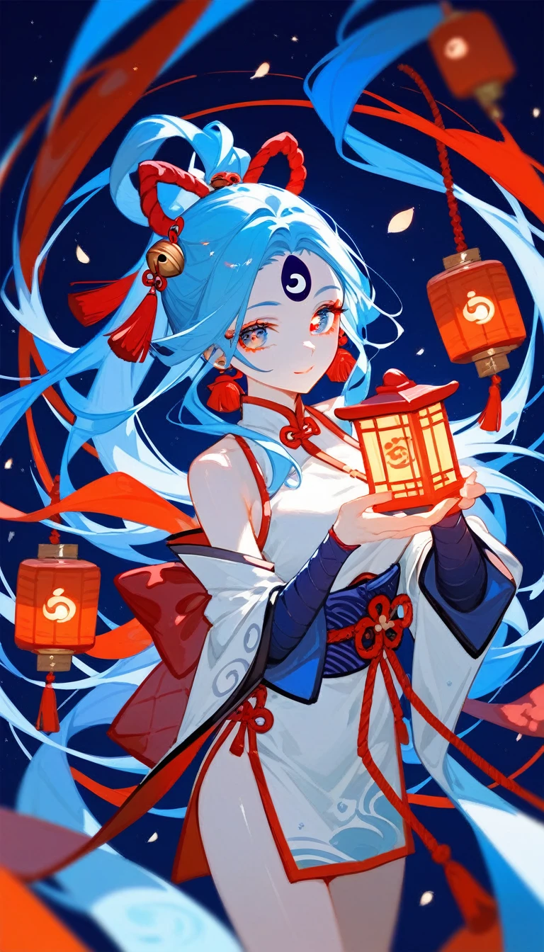 (Fraction_9,Fraction_8_Direction_7_up),(1 woman),Onmyoji,Blue-red-white color scheme,Bell,ribbon,Yin and Yang Eyes,Chinese Clothing,Jade Rabbit,Lantern in hand,