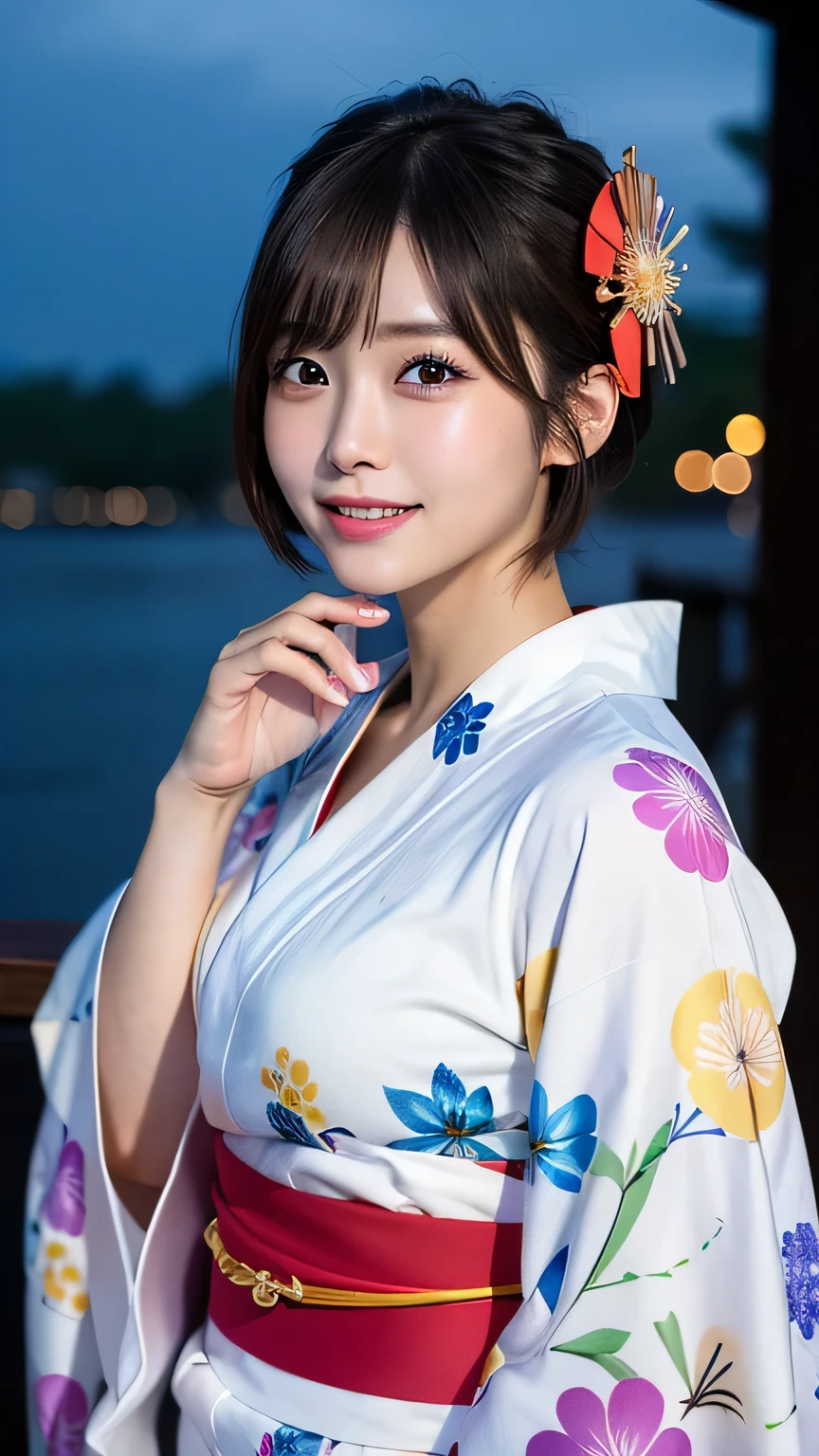 (8K、RAW Photosgraphy、Highest quality、masterpiece:1.2)、(Realistic、Photorealistic:1.37)、Ultra-high resolution、One Girl、cute、solo、night、Sitting、date、(Nose redness)、(Laughter:1.1)、(Closed)、huge 、Beautiful Eyes、(short hair:1.2)、(((Fireworks bursting into the sky、night)))、(((kimono、yukata)))、Cleavage、Perfect body、Perfect Fingers、Professional Lighting、Japanese Goddess、gravure、Detailed face and skin texture、Detailed eyes、RAW Photos