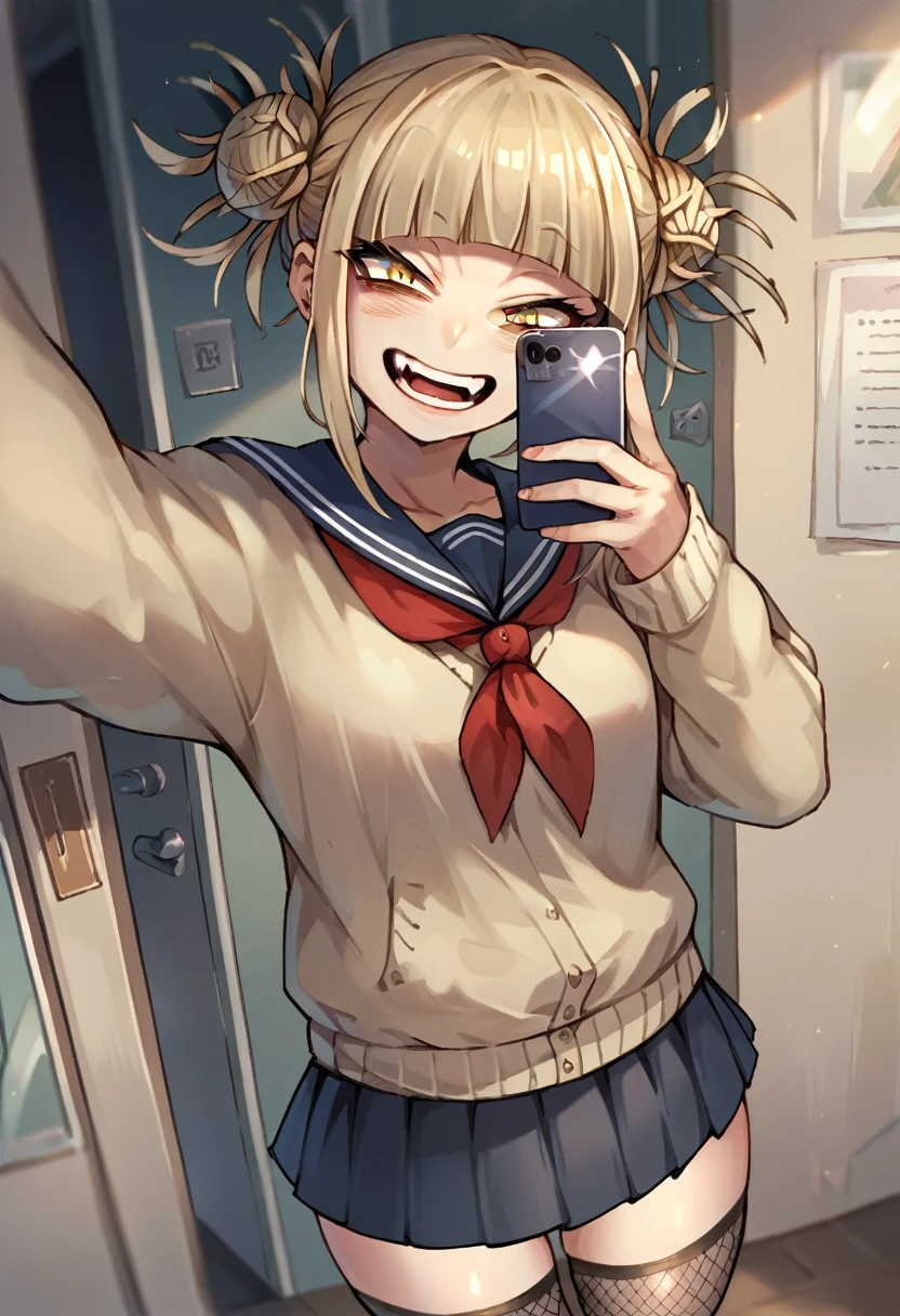 Himiko toga sexy wearing skirt and black fishnet stockings taking a selfie  (whole body)
