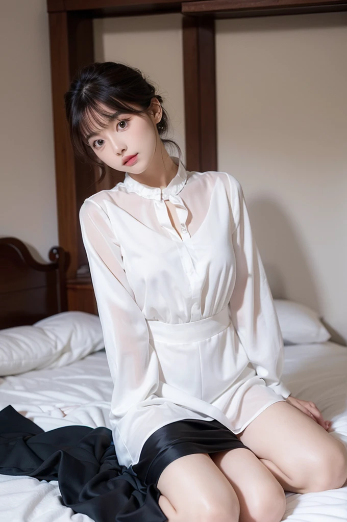 A beautiful woman, in a white blouse, a JK dress and black silk, knelt on the bed