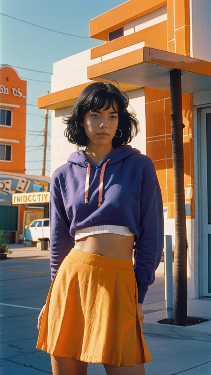 analog film photo cinematic photograph long shot portraits by Wes Anderson, cute 23 yo girl ,fokus, bokeh ,wear ((orange color oversized_hoodie)), wear ((purple tennis skirt)),looking front,Best Quality,Masterpiece,Ultra High Resolution,(Realisticity:1.4),Original Photo, 1Girl, light leak,ultra high resolution,UHD,beautiful, (black bob hair), almond eye, no makeup, in front of (80's mondrian architecture motel), (realistic:1.2), (surreal:1.3), (very detailed:1.1), ((masterpiece)),summer, blue sky, palm trees,sunny, los angles vibes,film camera, 800mm lens,style of Philip Lorca diCorcia