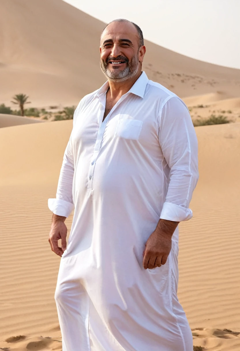 (best quality,4k,8k,highres,masterpiece:1.2), age 40, white man, horny disgusting, muscular chubby, kind, mature daddy, big bulge, thick arms, dilf, arab, white dress, white dishdashah, in the desert, Egypt, arab clothes, dishdashah, white thawb, big chest and belly, slightly balding, smileling, arching, bending*
