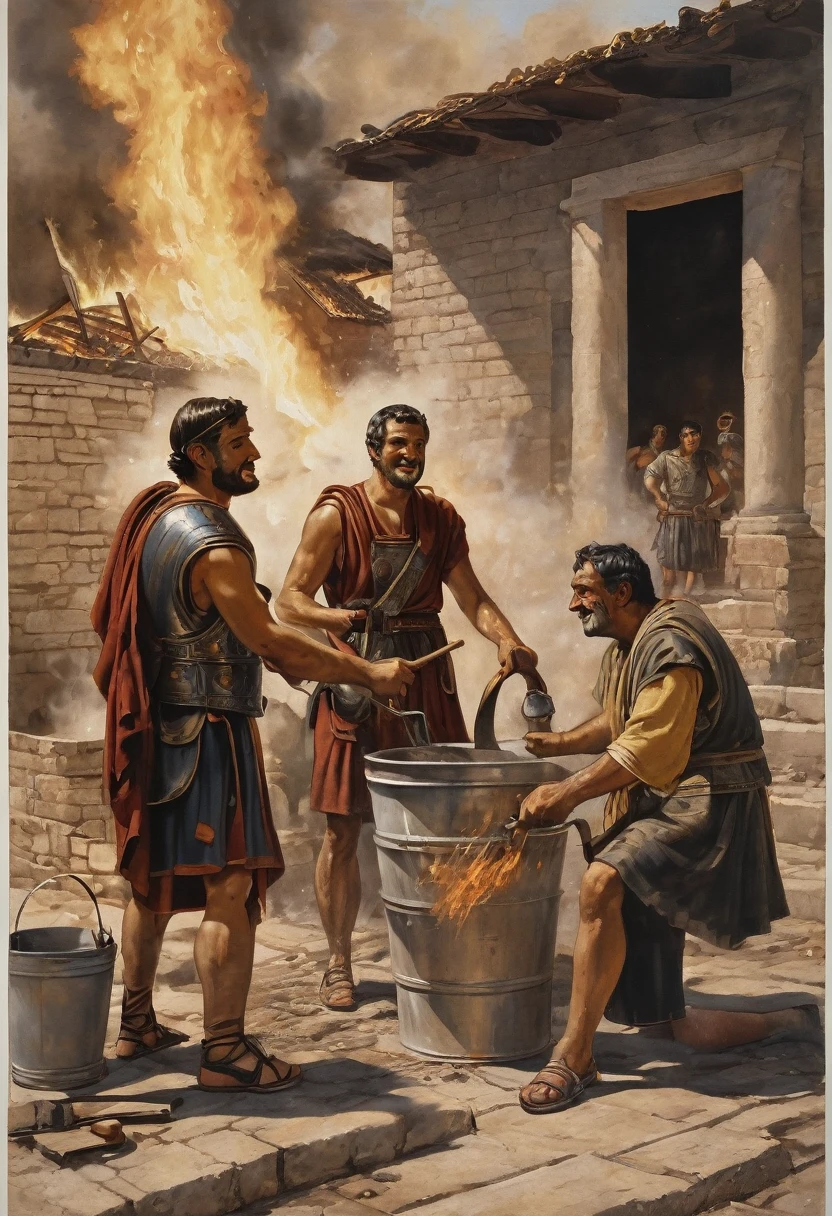 "A detailed image of Roman workers using buckets and tools to extinguish the flames as soon as the homeowner signs the contract. Crassus watches with a satisfied smile as the fire is being controlled."
Size: "1024x1024"