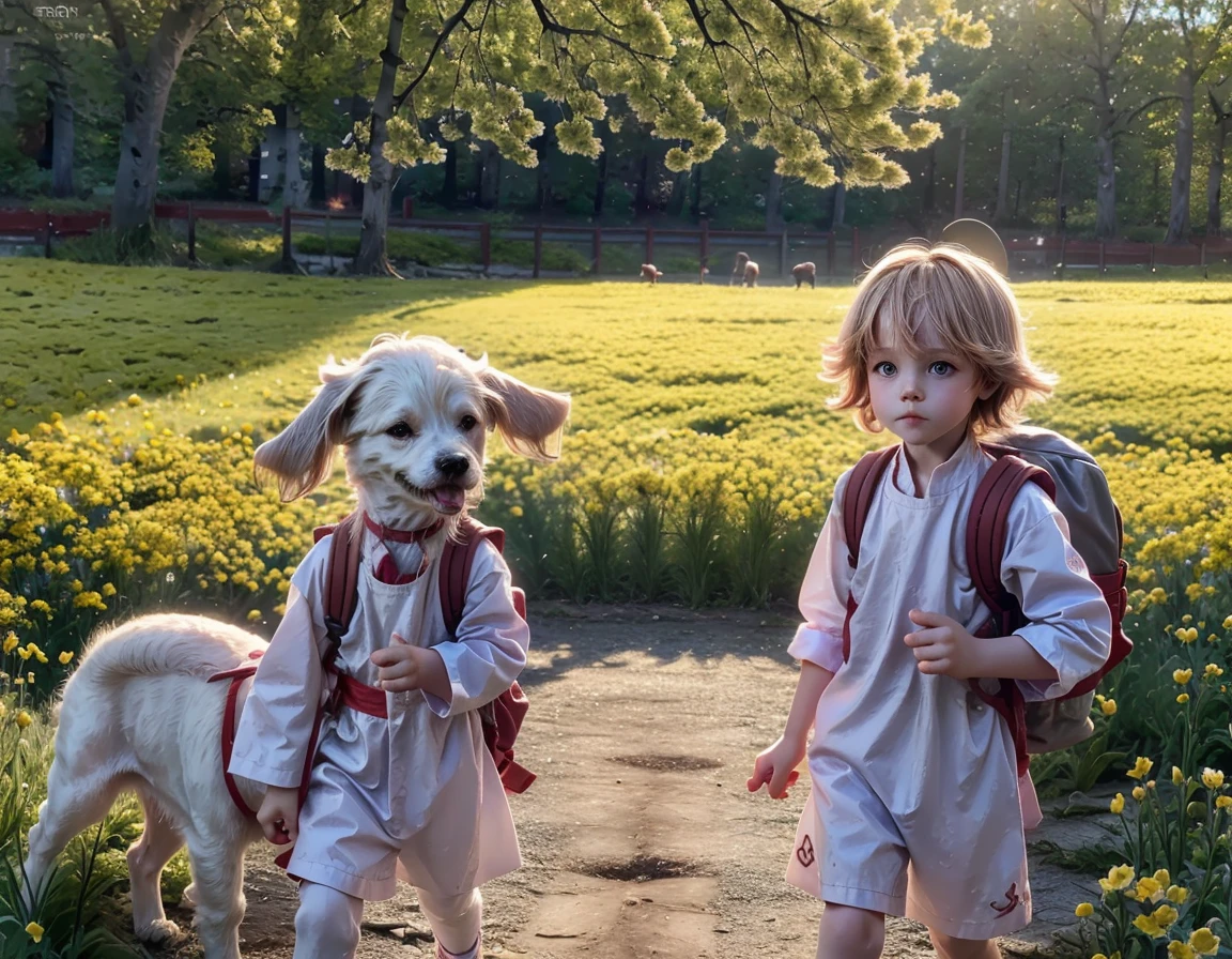 A very charming with a backpack and his cute little dog (hoarse) enjoying a beautiful spring walk surrounded by beautiful yellow flowers and nature. 4k resolution, High definition, illustrations, very detailled, facial features, Cartoon s, Visual effects.