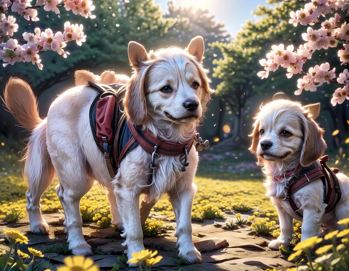 A very charming little boy with a backpack and his cute little dog (hoarse) enjoying a beautiful spring walk surrounded by beautiful yellow flowers and nature. 4k resolution, High definition, illustrations, very detailled, facial features, Cartoon s, Visual effects.