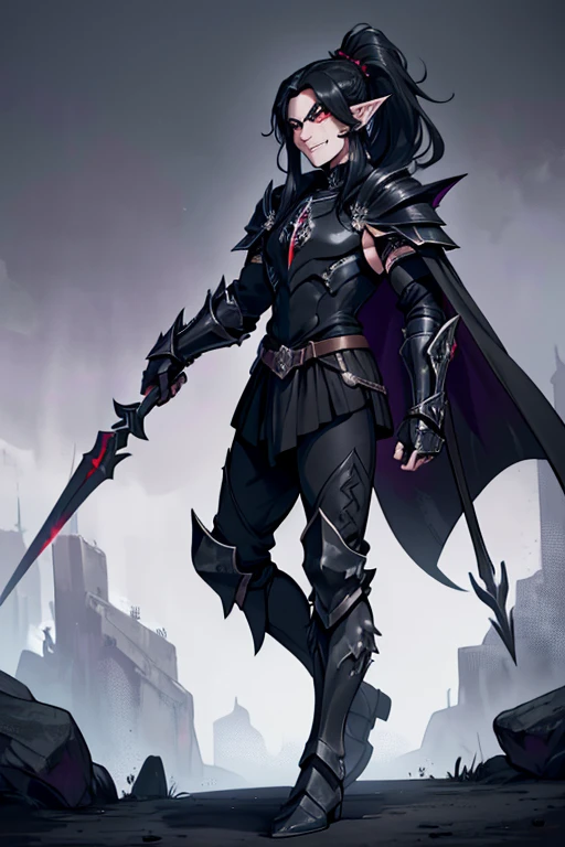 male, black long hair in ponytail, orange eyes, dark elf, dark skin, pointed ears, (((1boyl))), (((black metal armor))), (black metal clawed gauntlets), (black metal boots), (black metal shoulder guards), (black metal hip guards), (black metal helm), (red cape), (purple pants), long legs, smiling, handsome