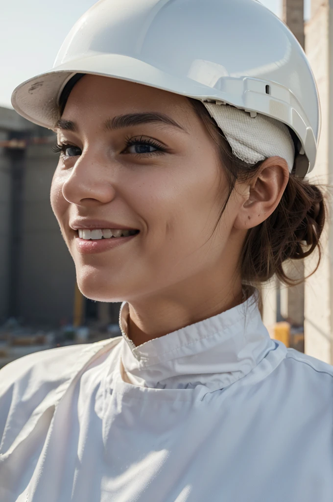 ((Best Quality)), ((Masterpiece)), (detailed), photography of civil construction professional, wearing white helmet without logo, looking in profile at the horizon with a smile, in a construction environment, Well defined face, natural and well defined eyes, don't let your hands be seen, ultra realistic age between 35 to 40 years