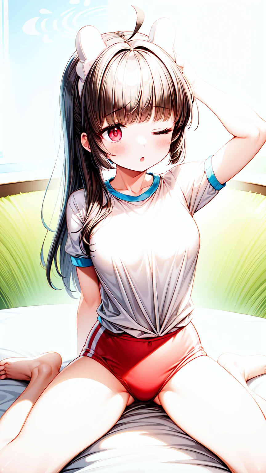 1girl,masterclass,best quality, illustration, solo, miyugym, ;o, one eyes closed,on bed,blush,breasts,full_body,wariza,spread legs,arm up, arm behind head, direct lighting to face