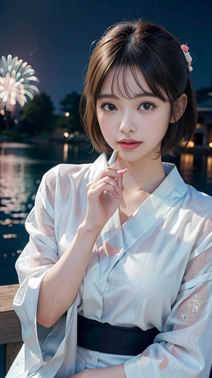 (8K、RAW Photosgraphy、Highest quality、masterpiece:1.2)、(Realistic、Photorealistic:1.37)、Ultra-high resolution、One Girl、cute、solo、night、Sitting、date、(Nose redness)、(Laughter:1.1)、(Closed)、huge 、Beautiful Eyes、(short hair:1.2)、(((Fireworks bursting into the sky、night)))、(((kimono、yukata)))、Cleavage、Perfect body、Perfect Fingers、Professional Lighting、Japanese Goddess、gravure、Detailed face and skin texture、Detailed eyes、RAW Photos