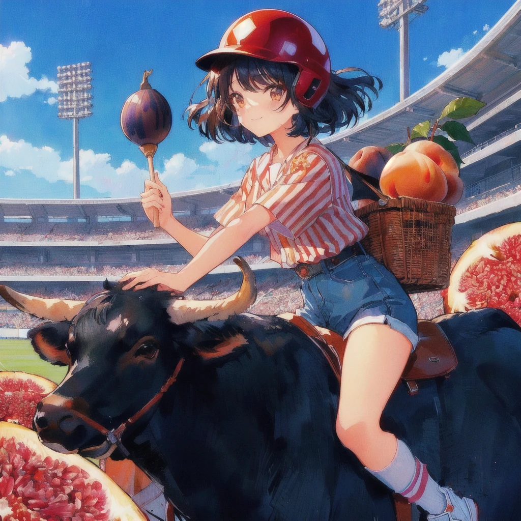 Anime girl riding a bull carrying a basket of peaches,Holding a fig on a skewer,Red Helmet,The background is a baseball field, smile,Official Artwork, high detailed Official Artwork, Kimagure Orange Road, Landscapes by Ilya Kuvshinov, Kuvisiato, By Narashige Koide, Lo-fi Girl, 80s anime style, Beautiful and detailed anime art, Official Fan Art, Detailed digital anime art, Official Art