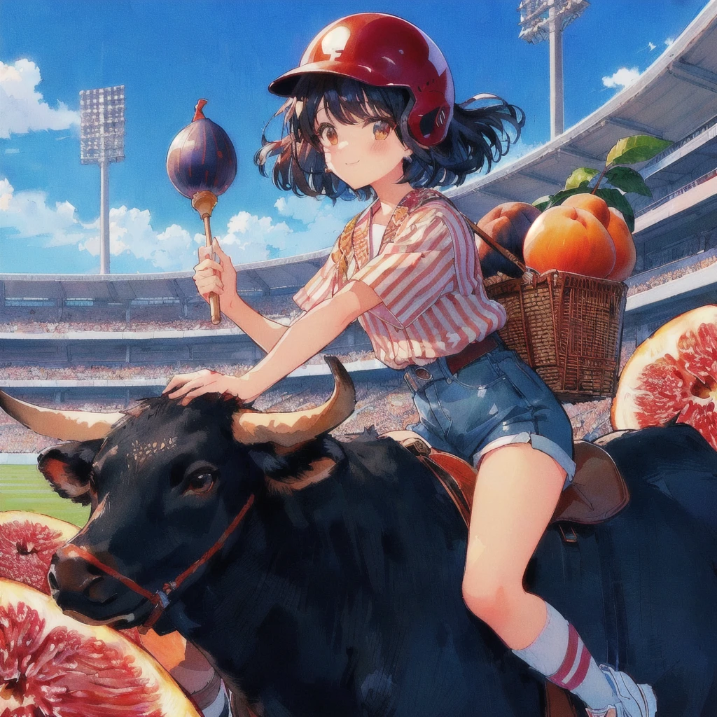 Anime girl riding a bull carrying a basket of peaches,Holding a fig on a skewer,Red Helmet,The background is a baseball field, smile,Official Artwork, high detailed Official Artwork, Kimagure Orange Road, Landscapes by Ilya Kuvshinov, Kuvisiato, By Narashige Koide, Lo-fi Girl, 80s anime style, Beautiful and detailed anime art, Official Fan Art, Detailed digital anime art, Official Art