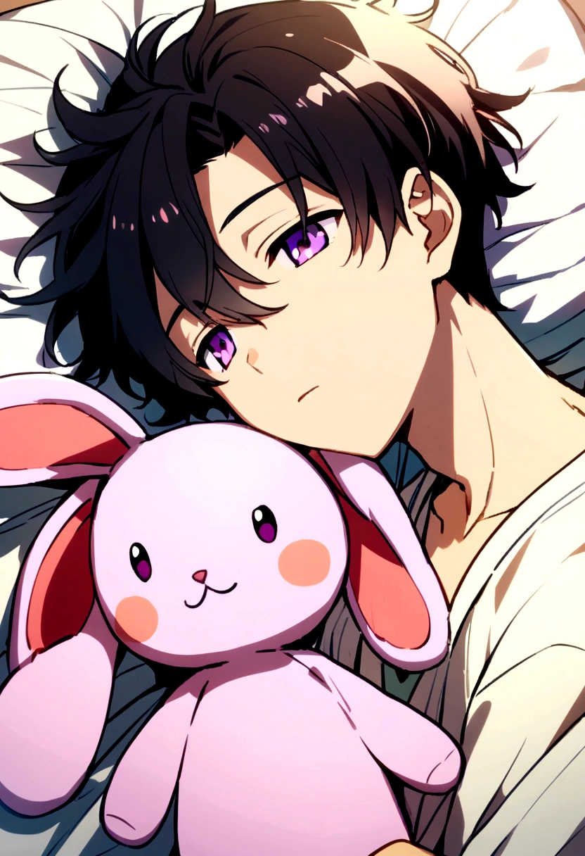 Anime boy with black hair and purple eyes sleeping with a stuffed bunny 