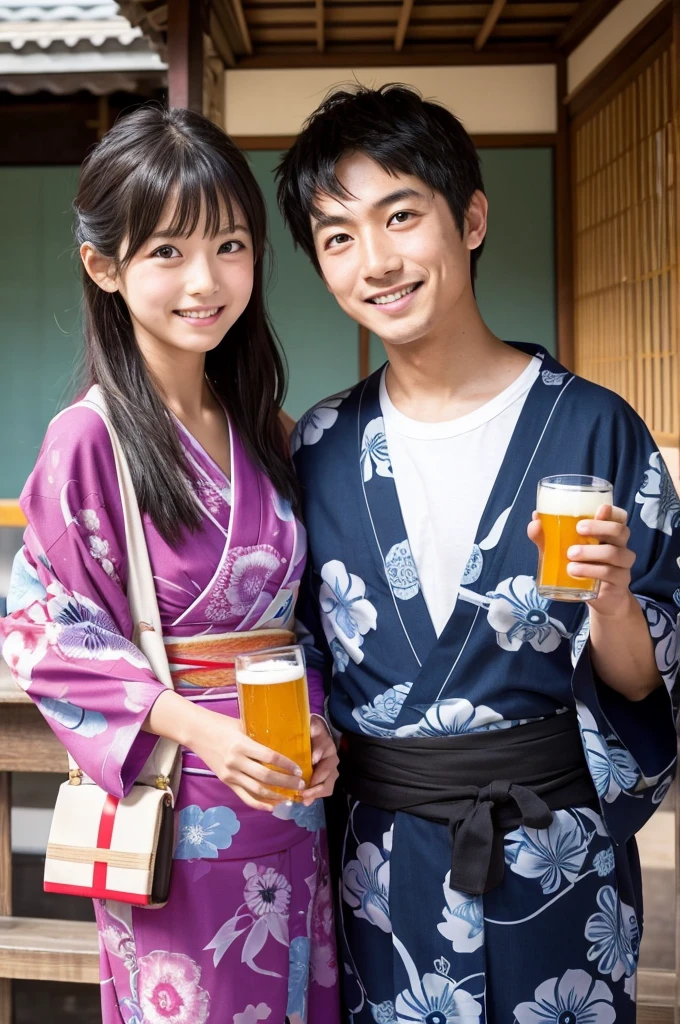 couple、With children、Wear a yukata、girl、cute、Japanese、Black Hair、beer in hand