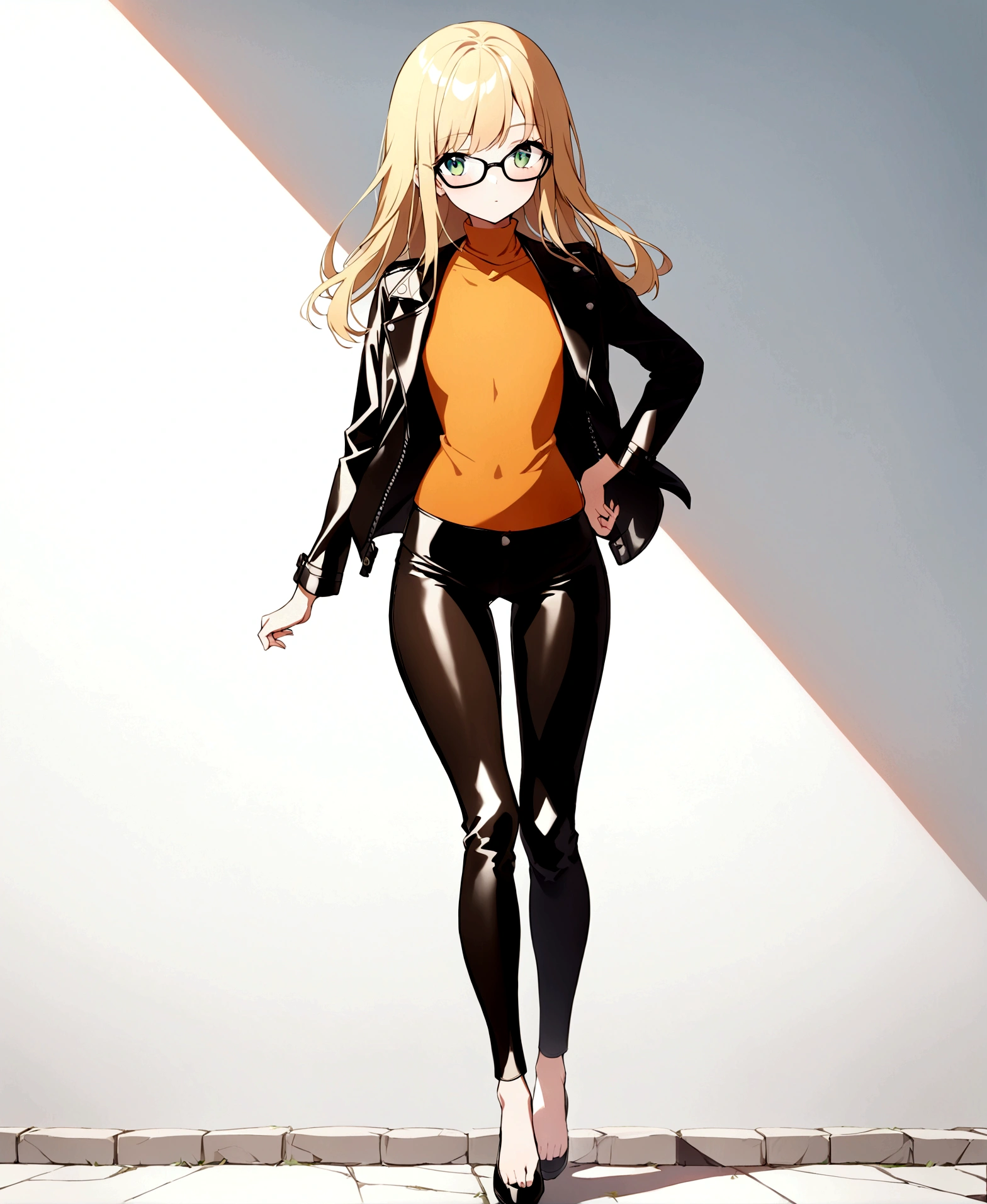 a beautiful girl, with long blonde hair, who wears black glasses, with wide hips, narrow waist, flat chest, pretty face, with green eyes, 18 years, perfect and glowing skin, wearing straight cut leather pants and a leather jacket, with an orange blouse, full body.