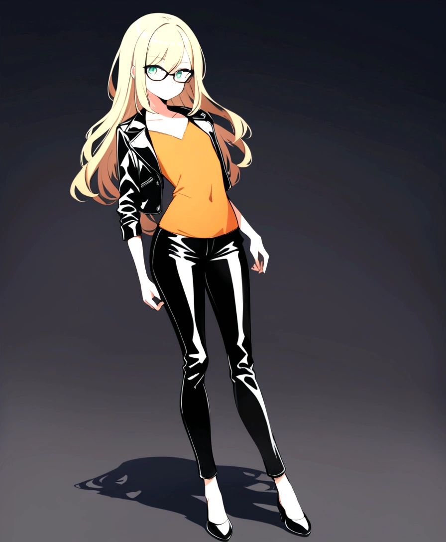 a beautiful girl, with long blonde hair, who wears black glasses, with wide hips, narrow waist, flat chest, pretty face, with green eyes, 18 years, perfect and glowing skin, wearing straight cut leather pants and a leather jacket, with an orange blouse, full body.
