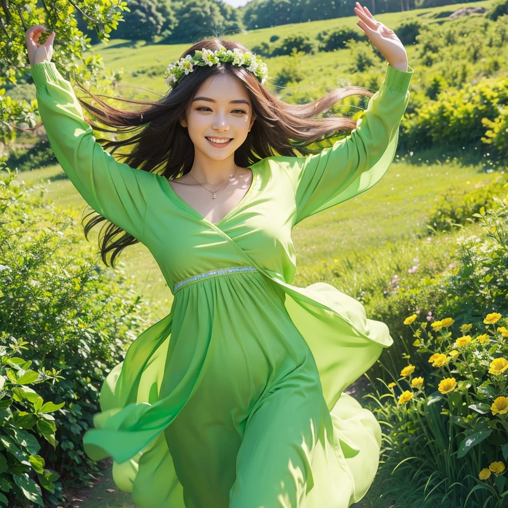 Generate an image of a woman wearing green and lime green clothes, adorned with a flower crown, joyfully skipping through a vibrant flower field. Capture the essence of a mediator type, showcasing her peaceful and harmonious connection with nature, with colorful flowers and a serene atmosphere surrounding her.