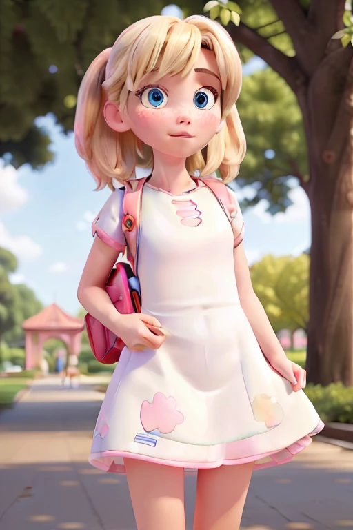 masterpiece, best quality, hd, a girl with white dress carrying pink randoseru backpack, city Park, outdoor, blue eyes, blonde hair