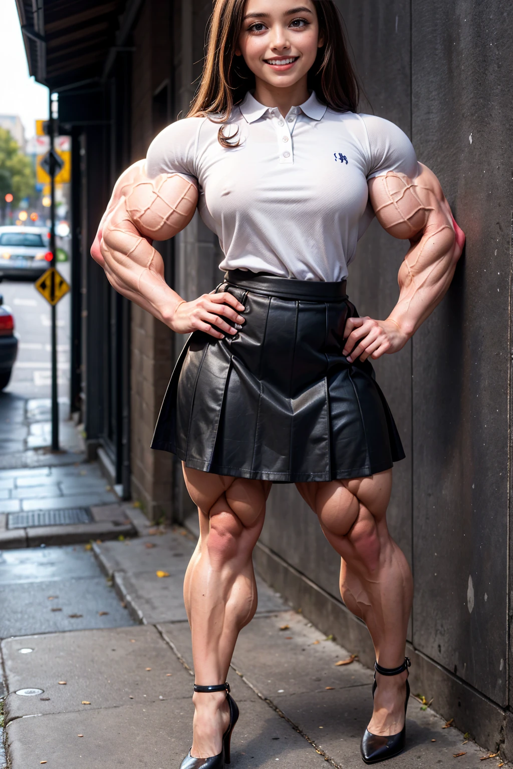 (Muscular:1.7), (large round breasts:1.4), (large muscular chest and shoulders:1.1), (ten girl:2.1), FEMALE, brown hair, long brown hair, (big smile:1.6), (wearing a polo shirt and formal skirt and high heels:1.5), looking at viewer, (facing camera view:1.2), upper body view, (sidewalk:1.6), dark lighting, detailed skin, detailed eyes, (clean skin:1.5), (tiny waist:1.5), exaggerated hourglass physique, (huge body muscles:1.7), (one protagonist:1.5), (tall:1.9),