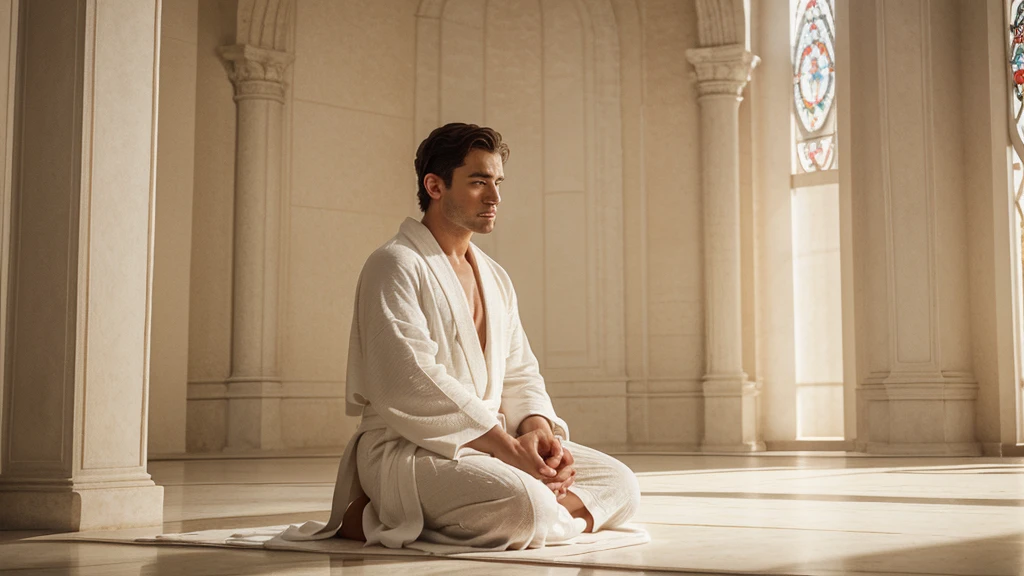 A picture of a man wearing a white robe sitting sideways with his hands folded in worship., uhd, anatomically correct, textured skin, 4K
