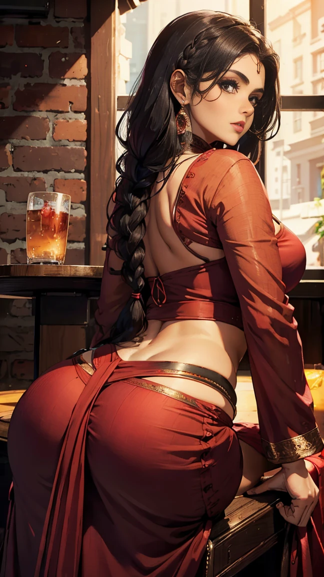 Best quality, masterpiece, Beautiful, young indian woman, tavern gitl, tavern, looking straight at viewer, wearing elegant red full sleeve top and long skirt, crowded tavern, sitting on chair, professionalism, teen age, detailed face, detailed body, symmetric face, cute face, dynamic pose, perfect anatomy, photorealistic, curvy body, braid hair, 8k, ultra realistic, drinks and foods on table, ambient occlusion, POV from back, looking back, backside 