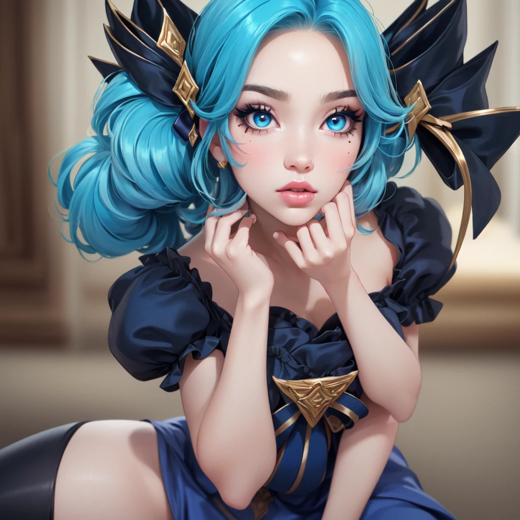(ultra realistic,32k,RAW photo:1.1),(high detailed skin:1.1), 8k uhd, dslr, high quality, film grain, (makeup, mascara:1.1), lips, (thick\lips\), blue eyes, big breast, (busty:1.1) , (chubby:0.1), (lighting:1.1), dark theme, big depth of field, beautiful face, highly detailed skin, (masterpiece, best quality), intricate details, 1girl, twin drills, drill hair, twintails, bow, hair bow, black bow, gwen, beautiful small eyes, looking in the center, blue hair, thighs, solo, gwen league of legend, sexy, dress, short sleeves, grey dress, puffy sleeves, black dress, big boob, smooth face
