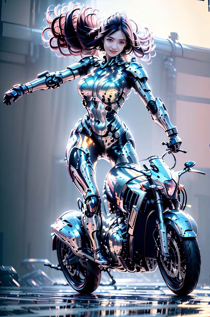 25 year old colossus style woman，(((A woman with a mechanized body))), slime, Dynamic Posedium: 1.3), (realistic:1.5), (realistic:1.4), 8k, Super detailed beautiful girl, 1 girl, (a sunny day:1.5), intricate body details, (short: 1.3), (highest quality: 1.0), (Super high sharpness: 1.0), (Silvery hair:1.4),（Beautiful and detailed eye depiction）,(riding a motorcycle:1.4),unreal engine:1.4,photorealistic:1.4, skin texture:1.4, master piece:1.8,highest quality at best,(Wearing a communication headset、future city、smile