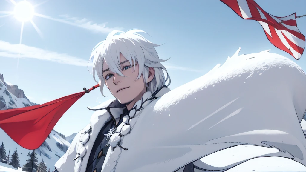 Mountaintop Snow Castle,Frozen,White-haired saint,Hair covering one eye,With a red flag