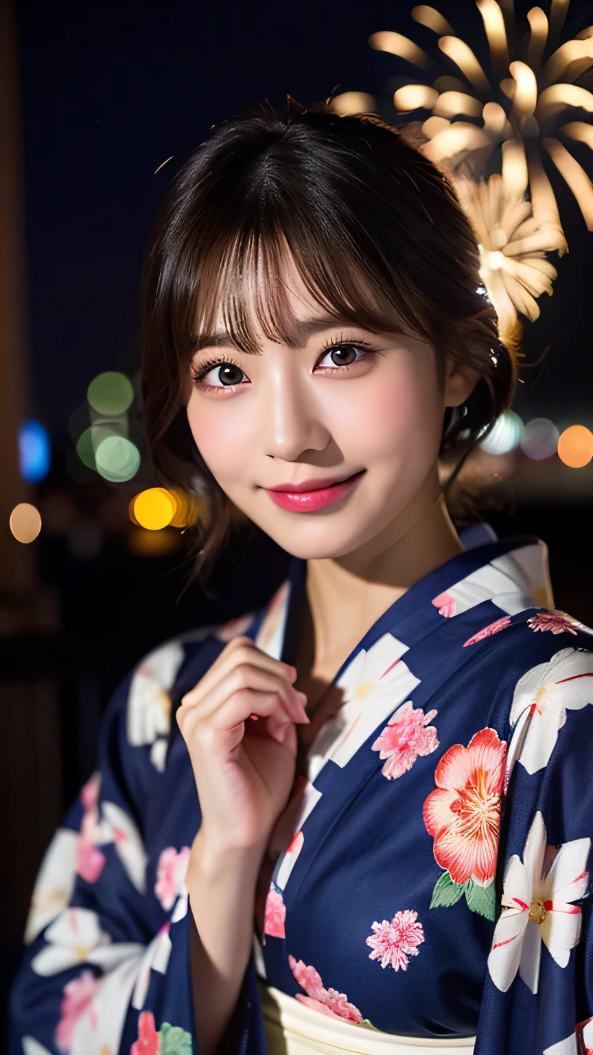 (8K、RAW Photosgraphy、Highest quality、masterpiece:1.2)、(Realistic、Photorealistic:1.37)、Ultra-high resolution、One Girl、cute、solo、night、Sitting、date、(Nose redness)、(Laughter:1.1)、(Closed)、huge 、Beautiful Eyes、(short hair:1.2)、(((Fireworks bursting into the sky、night)))、(((kimono、yukata)))、Cleavage、Perfect body、Perfect Fingers、Professional Lighting、Japanese Goddess、gravure、Detailed face and skin texture、Detailed eyes、RAW Photos