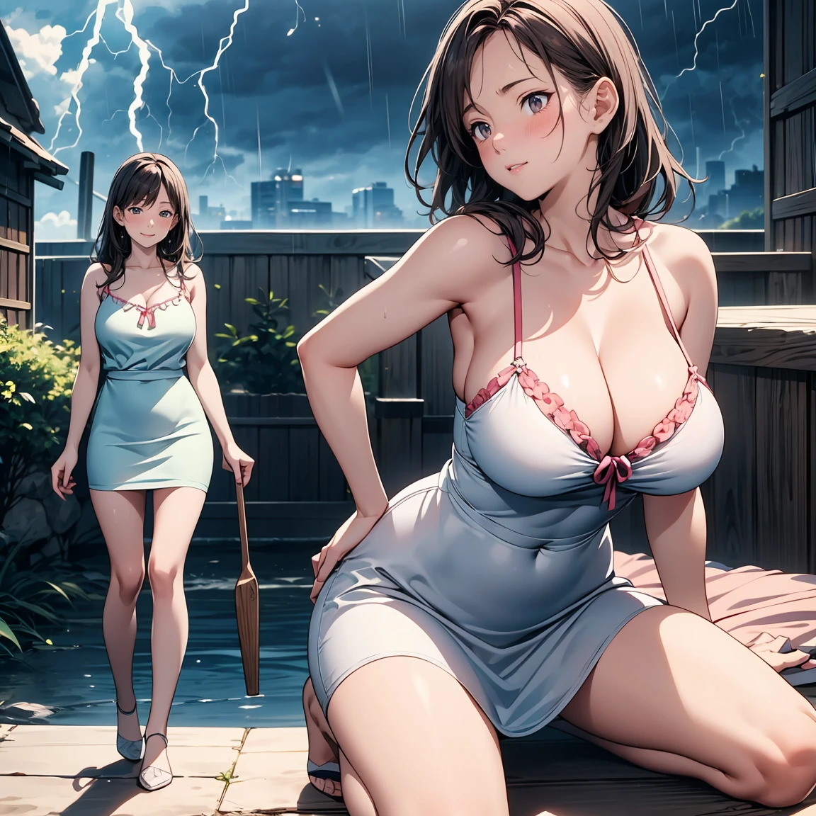Highest quality, Super detailed, (Ultra-high resolution,8K), Ultra-high definition 4K, (Perfect Anatomy, Anatomically correct), (Five Sensual Housewives:1.4), Full body photography, (Beautiful Eyes), (Detailed eyes), (High-quality facial beauty), (In the Storm:1.2), Friendly, (Photorealistic), (Big Breasts), Soft Skin, Glowing Skin, (Tight camisole, Tight Skirt, long), Bright lighting, Very heavy rain, colorful, Goddess-like beauty