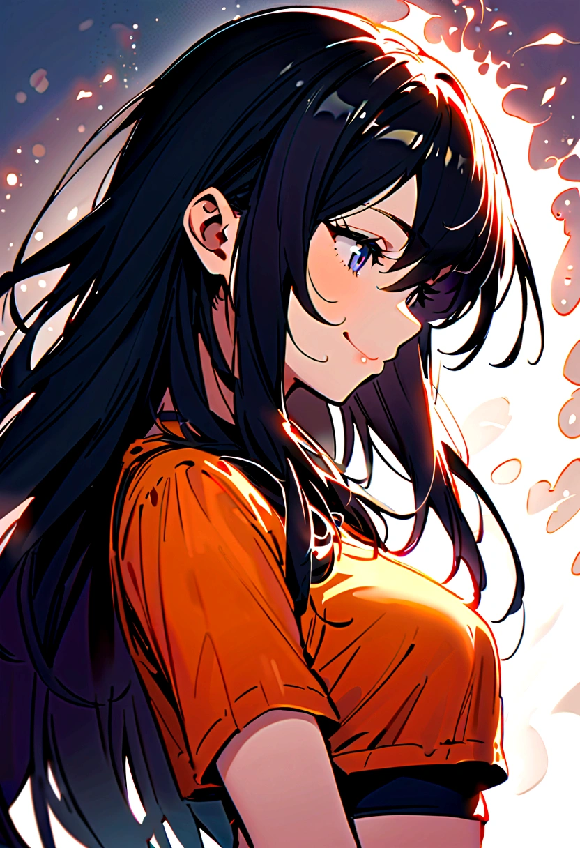 A young woman,side view,eyes squinted with an aura of madness, looking down, smiling evily,long hair,long eyelashes, tilting her head,wears a crop top,black hair