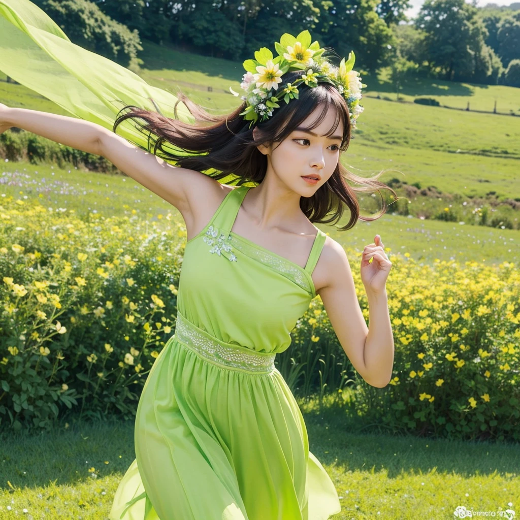Generate an image of a woman wearing green and lime green clothes, adorned with a flower crown, joyfully skipping through a vibrant flower field. Capture the essence of a mediator type, showcasing her peaceful and harmonious connection with nature, with colorful flowers and a serene atmosphere surrounding her.