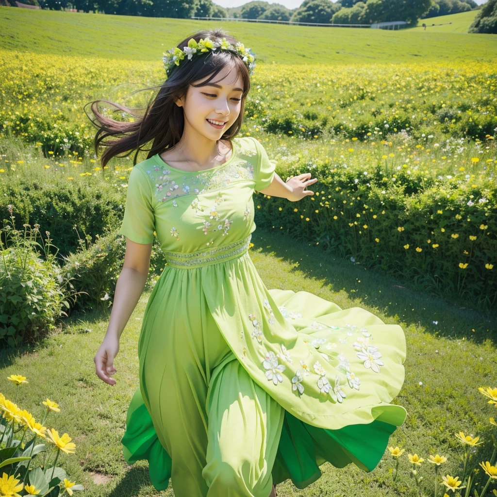 Generate an image of a woman wearing green and lime green clothes, adorned with a flower crown, joyfully skipping through a vibrant flower field. Capture the essence of a mediator type, showcasing her peaceful and harmonious connection with nature, with colorful flowers and a serene atmosphere surrounding her.