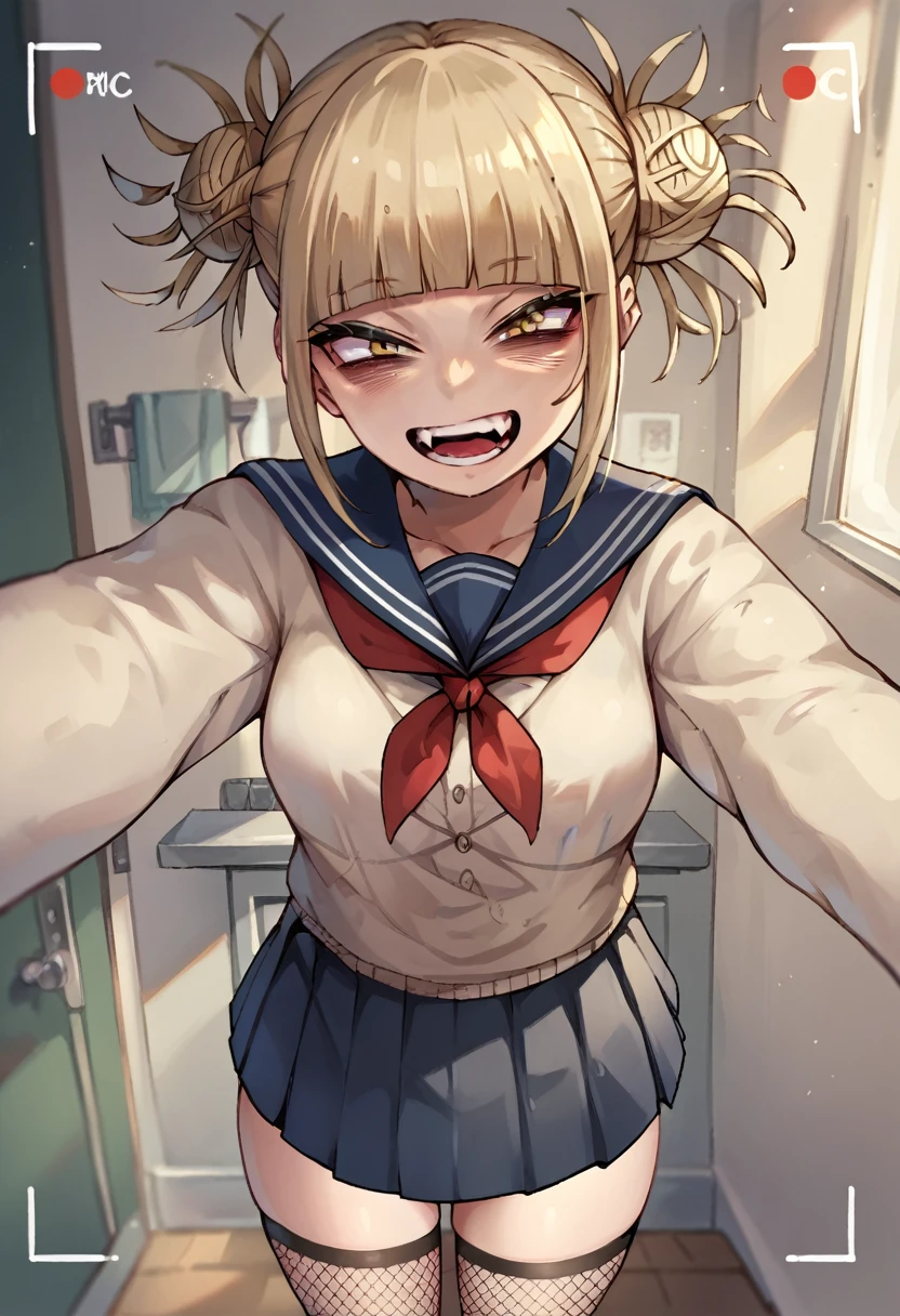 Himiko toga sexy wearing skirt and black fishnet stockings taking a selfie POV (whole body)