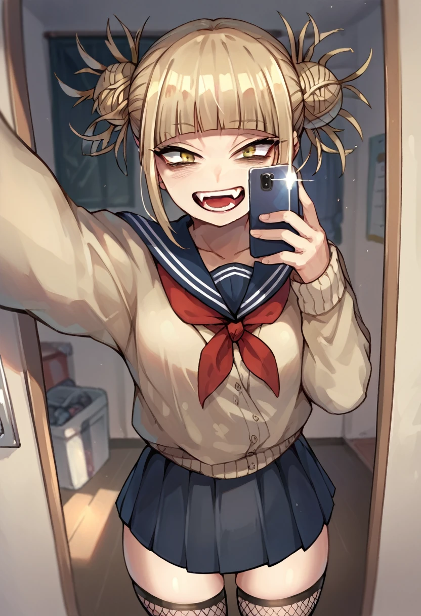Himiko toga sexy wearing skirt and black fishnet stockings taking a selfie POV (whole body)